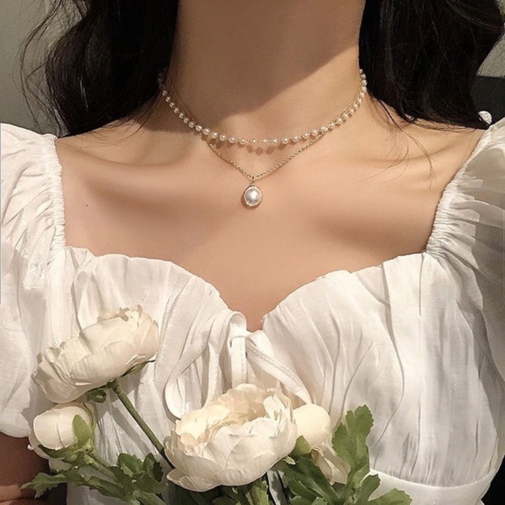Layered Pearl Choker Necklace – Retro Style Gold Chain with Drop Pendant‎ new